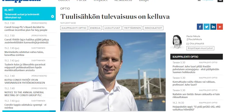 Skärmklipp av Kauppalehtis webbplats med artikeln »Tuulisähkön tulevaisuus on kelluva« och ett foto av Gabriel Strängberg vid vattnet