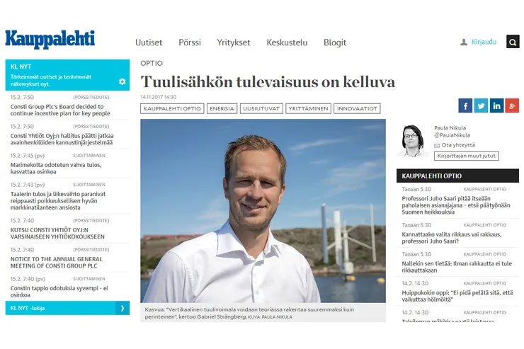 Skärmklipp av Kauppalehtis webbplats med artikeln »Tuulisähkön tulevaisuus on kelluva« och ett foto av Gabriel Strängberg vid vattnet