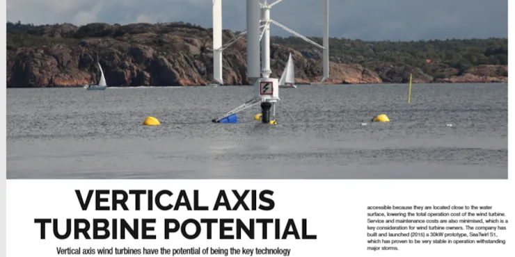 Tidningsuppslag med rubriken »Vertical axis turbine potential« och ett foto av prototypen i skärgården