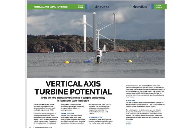 Tidningsuppslag med rubriken »Vertical axis turbine potential« och ett foto av prototypen i skärgården