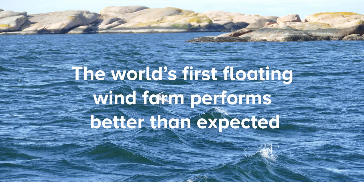Öppet hav med den vita texten »The world’s first floating wind farm performs better than expected«