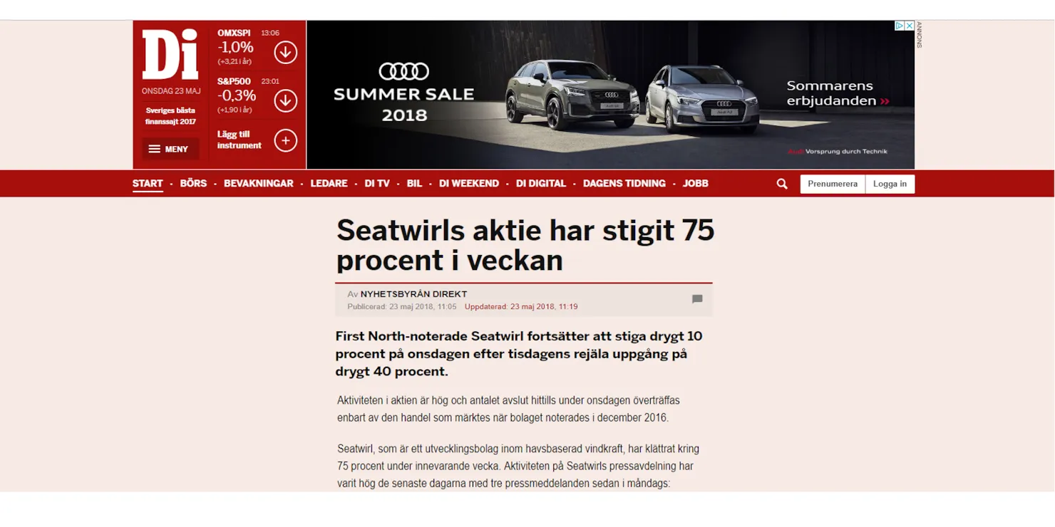 Skärmklipp av Dagens Industris webbplats med rubriken »Seatwirls aktie har stigit 75 procent i veckan«