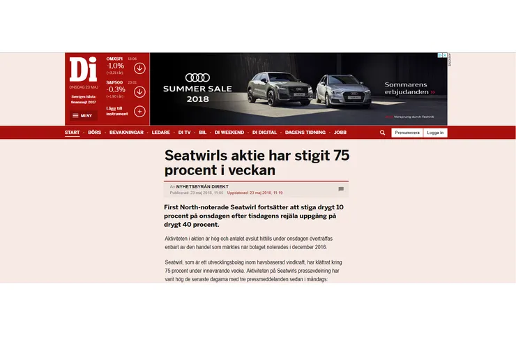 Skärmklipp av Dagens Industris webbplats med rubriken »Seatwirls aktie har stigit 75 procent i veckan«