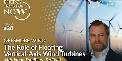 Poddomslag i guld: »Energy Transition Now« avsnitt 28, The Role of Floating Vertical-Axis Wind Turbines with Johan Sandberg, SeaTwirl, med vindkraftverk och ett porträtt