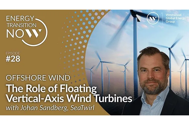 Poddomslag i guld: »Energy Transition Now« avsnitt 28, The Role of Floating Vertical-Axis Wind Turbines with Johan Sandberg, SeaTwirl, med vindkraftverk och ett porträtt