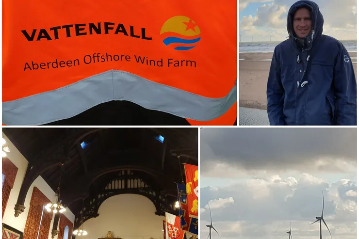 Collage i fyra delar: en banderoll för Vattenfall Aberdeen Offshore Wind Farm, en person i jacka på en strand, en konferenssal med flaggor och havsbaserade vindkraftverk