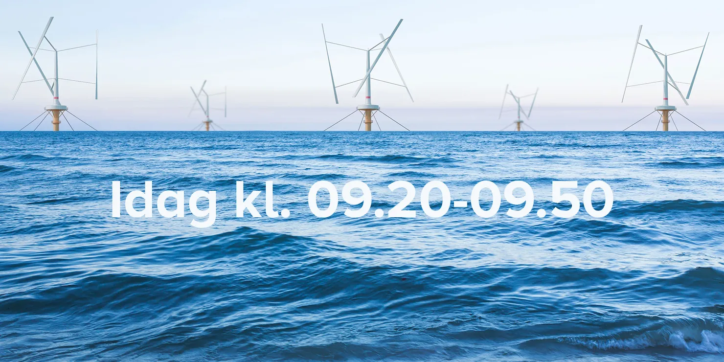 Visualisering av vindkraftverk vid horisonten med texten »Idag kl. 09.20–09.50«