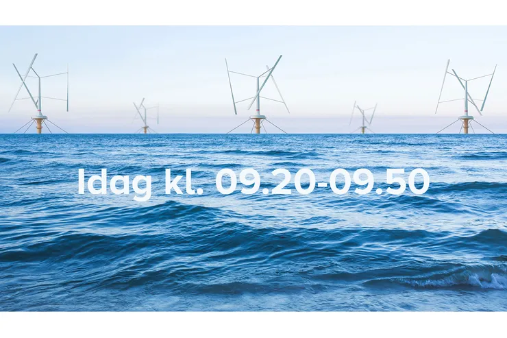 Visualisering av vindkraftverk vid horisonten med texten »Idag kl. 09.20–09.50«