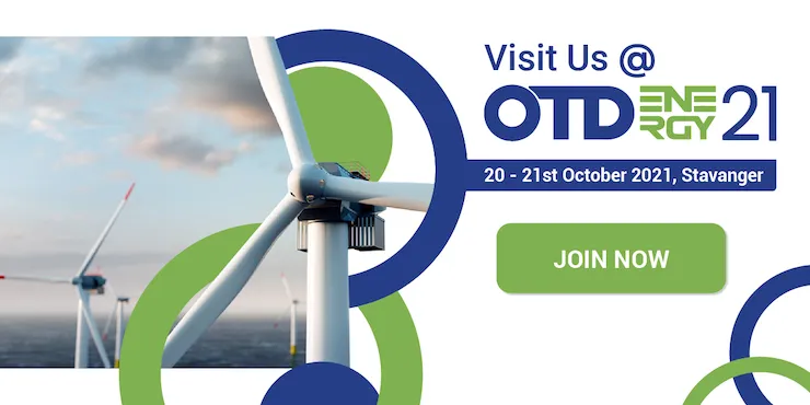 Mässbanner med texten »Visit Us @ OTD Energy 21, 20–21st October 2021, Stavanger« och en knapp märkt Join Now