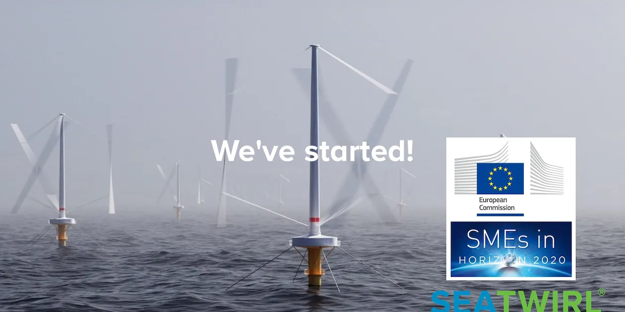 Dimmig bild av flytande vindkraftverk med texten »We’ve started!«, Europeiska kommissionens logotyp, märket SMEs in Horizon 2020 och SeaTwirls logotyp