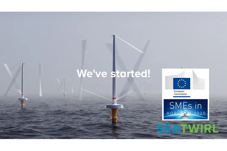 Dimmig bild av flytande vindkraftverk med texten »We’ve started!«, Europeiska kommissionens logotyp, märket SMEs in Horizon 2020 och SeaTwirls logotyp