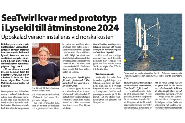 Tidningsuppslag med rubriken »SeaTwirl kvar med prototyp i Lysekil till åtminstone 2024«, ett porträtt av SeaTwirls kommunikatör och ett foto av verket