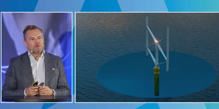Skärmbild ur sändningen: Johan Sandberg i bild till vänster och en animering av ett flytande vertikalaxlat vindkraftverk till höger