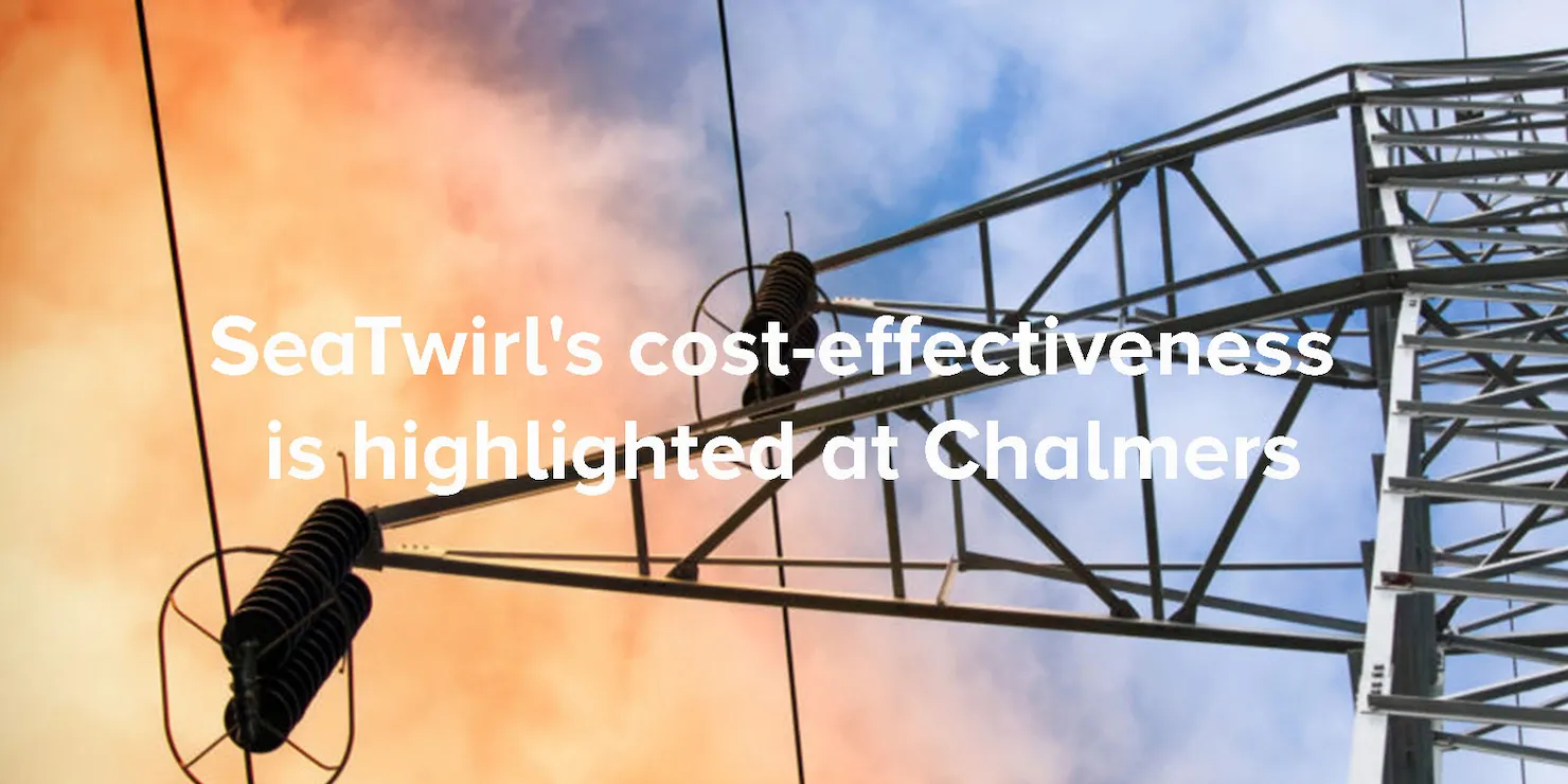 En kraftledningsstolpe mot orange himmel med texten »SeaTwirl’s cost-effectiveness is highlighted at Chalmers«
