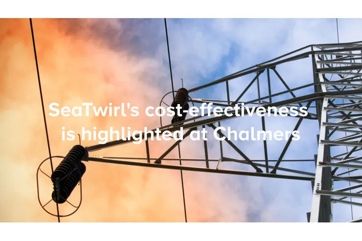 En kraftledningsstolpe mot orange himmel med texten »SeaTwirl’s cost-effectiveness is highlighted at Chalmers«