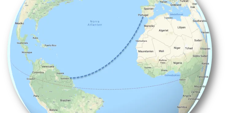 Google-karta över Atlanten med en streckad rutt från Portugal, förbi Kanarieöarna, mot Sydamerikas kust