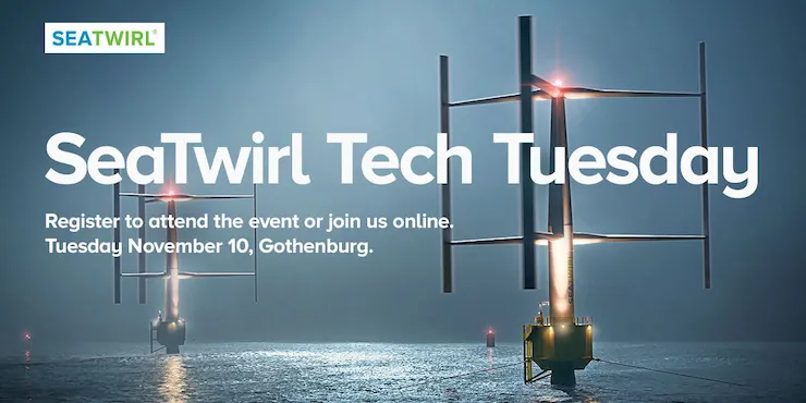 Banner med texten »SeaTwirl Tech Tuesday – Register to attend the event or join us online. Tuesday November 10, Gothenburg« över en nattbild av vindkraftverk med varningsljus