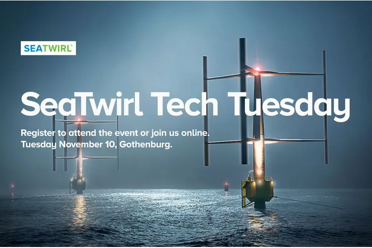Banner med texten »SeaTwirl Tech Tuesday – Register to attend the event or join us online. Tuesday November 10, Gothenburg« över en nattbild av vindkraftverk med varningsljus
